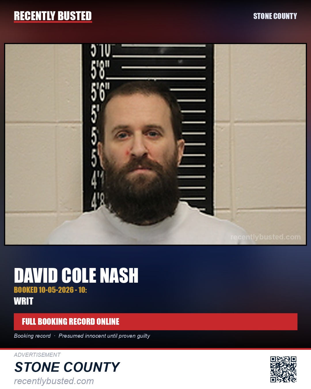 Nash, David Cole — arrest record card, Stone County