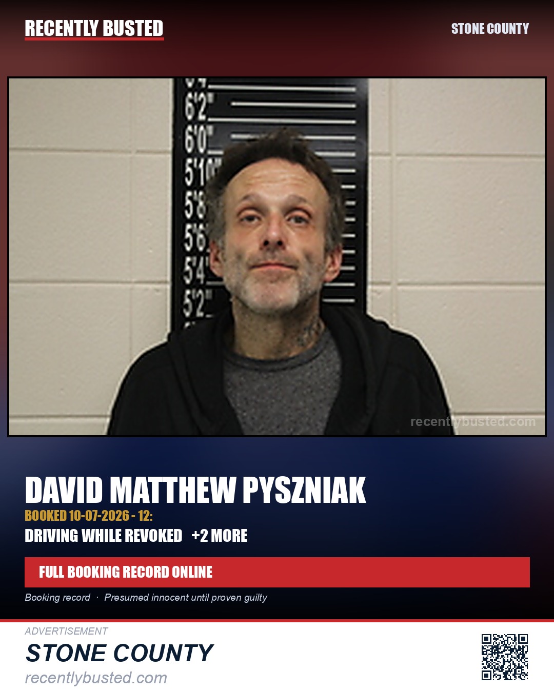Pyszniak, David Matthew — arrest record card, Stone County