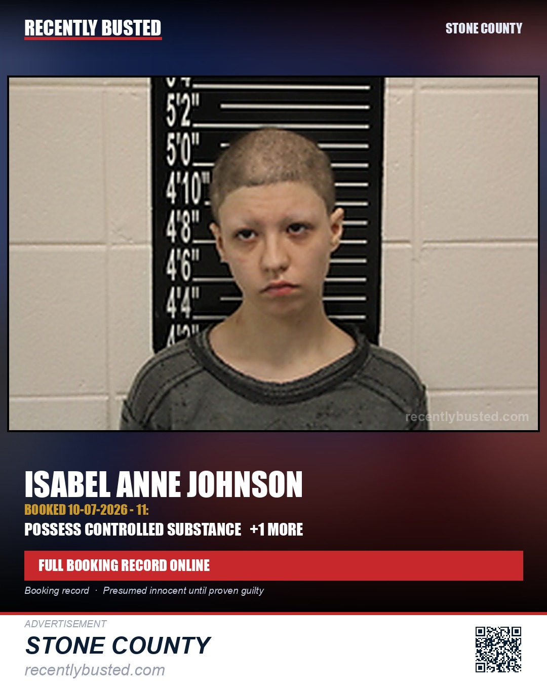 Johnson, Isabel Anne — arrest record card, Stone County