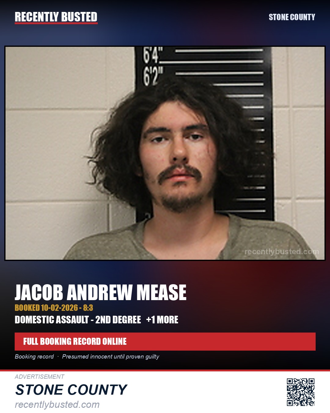 Mease, Jacob Andrew — arrest record card, Stone County