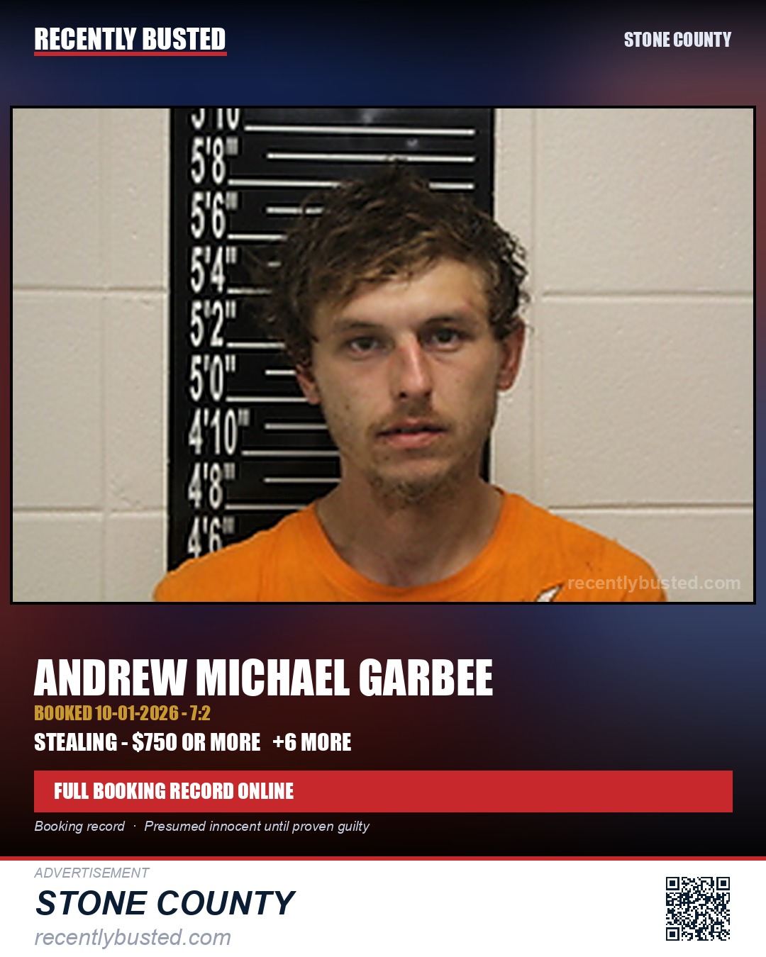Garbee, Andrew Michael — arrest record card, Stone County
