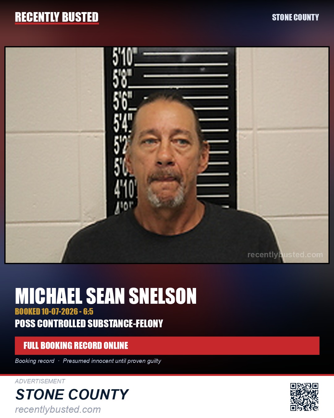 Snelson, Michael Sean — arrest record card, Stone County