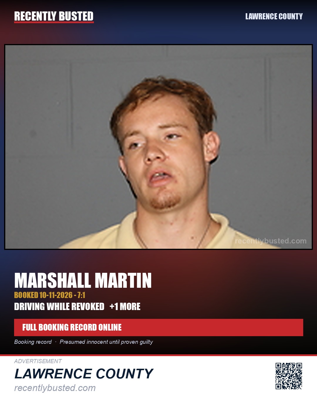 MARTIN, MARSHALL — arrest record card, Lawrence County