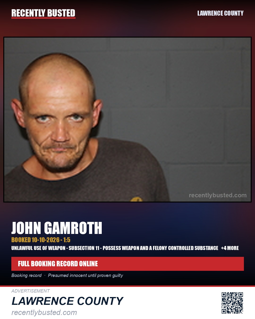 GAMROTH, JOHN — arrest record card, Lawrence County