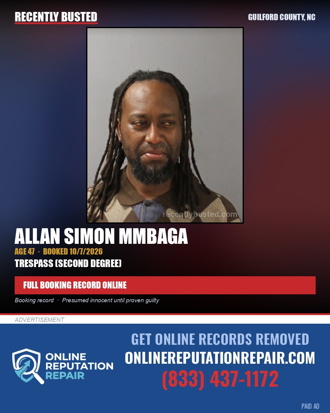 ALLAN SIMON MMBAGA — arrest record card, Guilford County, North Carolina