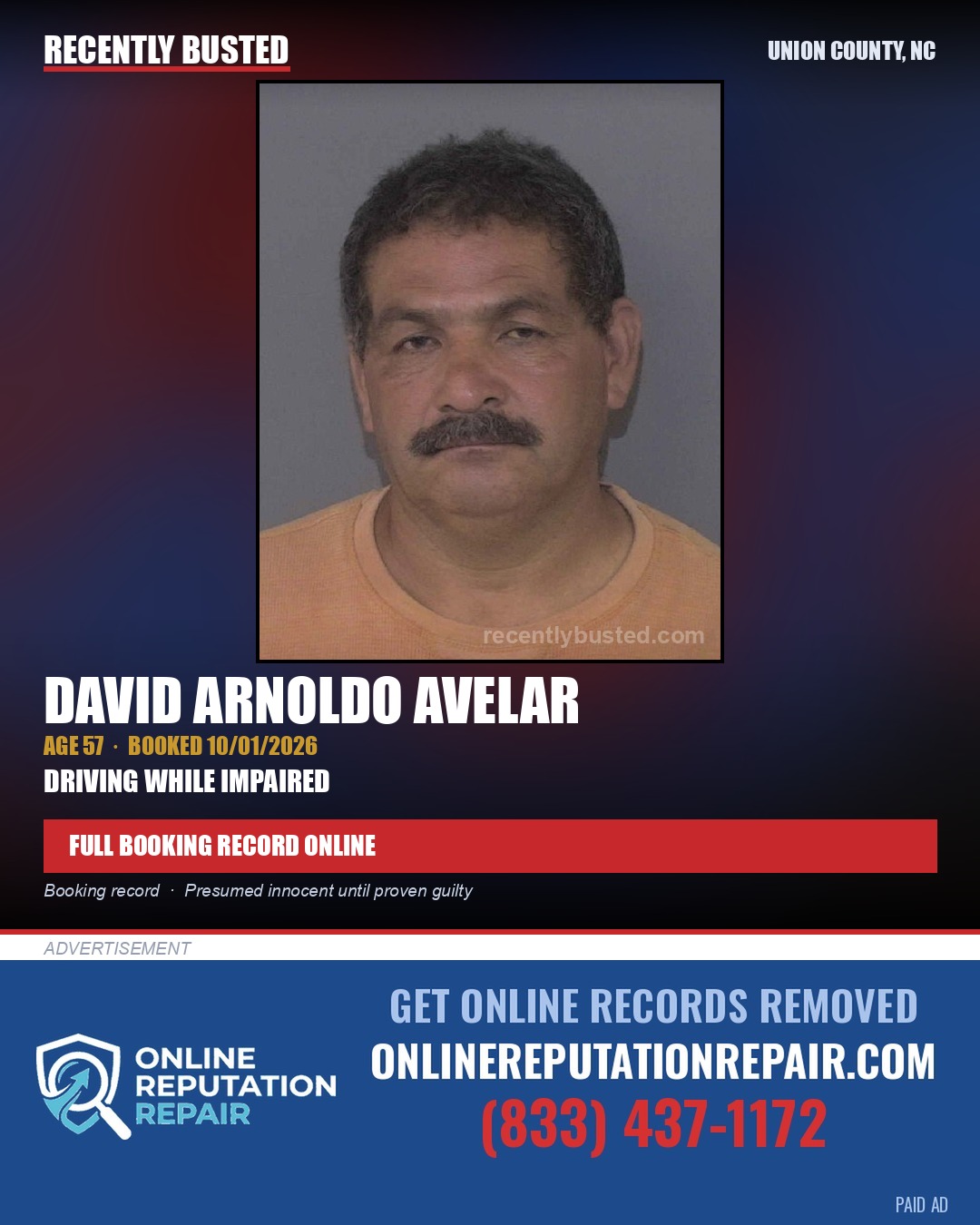 AVELAR, DAVID ARNOLDO — arrest record card, Union County, North Carolina