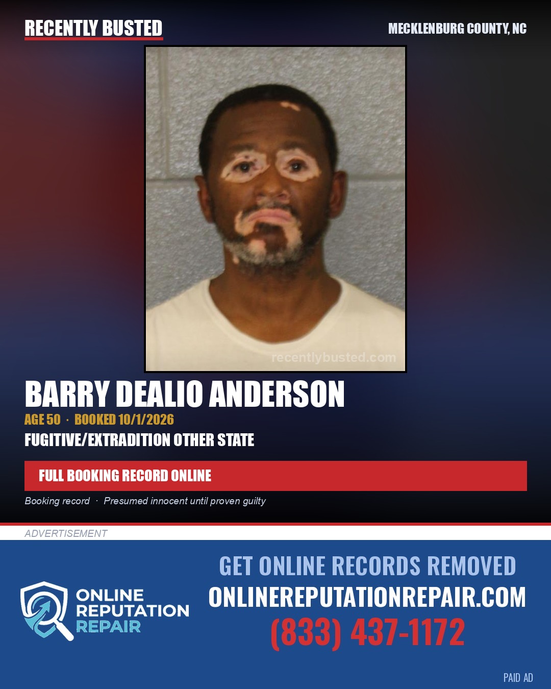 BARRY DEALIO ANDERSON — arrest record card, Mecklenburg County, North Carolina