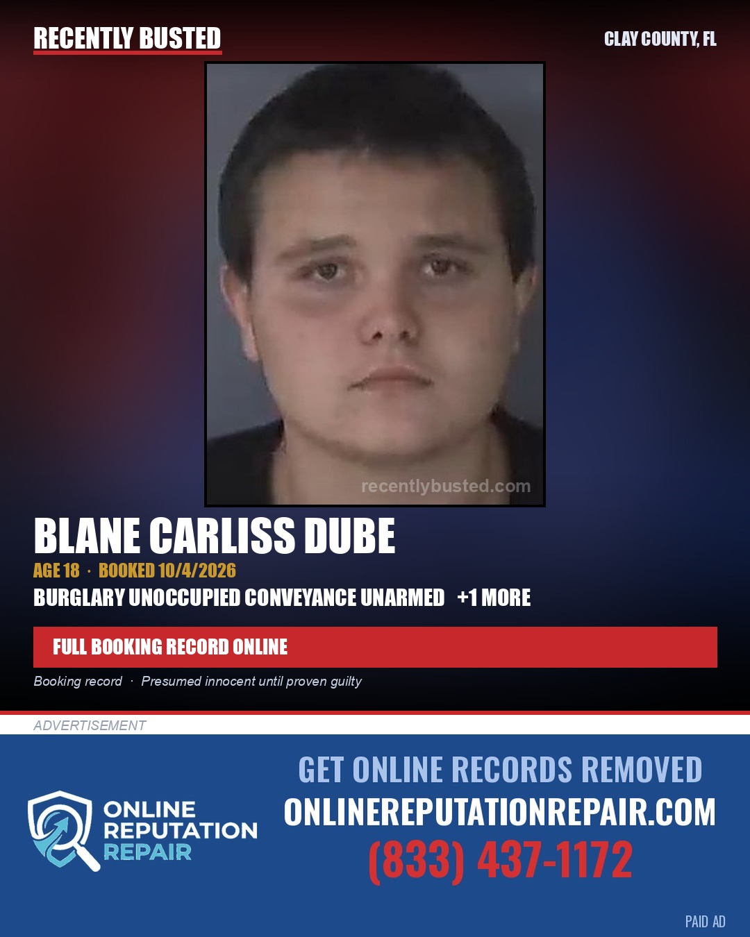 BLANE CARLISS DUBE — arrest record card, Clay County, Florida