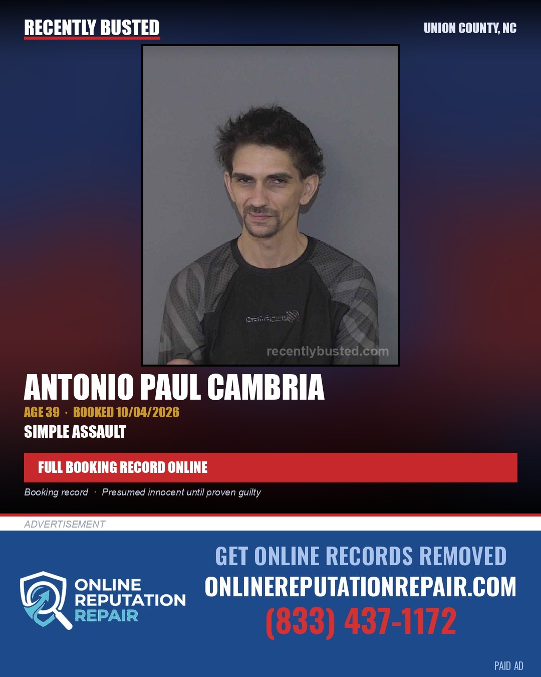 CAMBRIA, ANTONIO PAUL — arrest record card, Union County, North Carolina