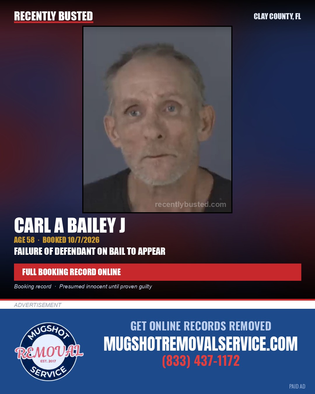 CARL A BAILEY J — arrest record card, Clay County, Florida