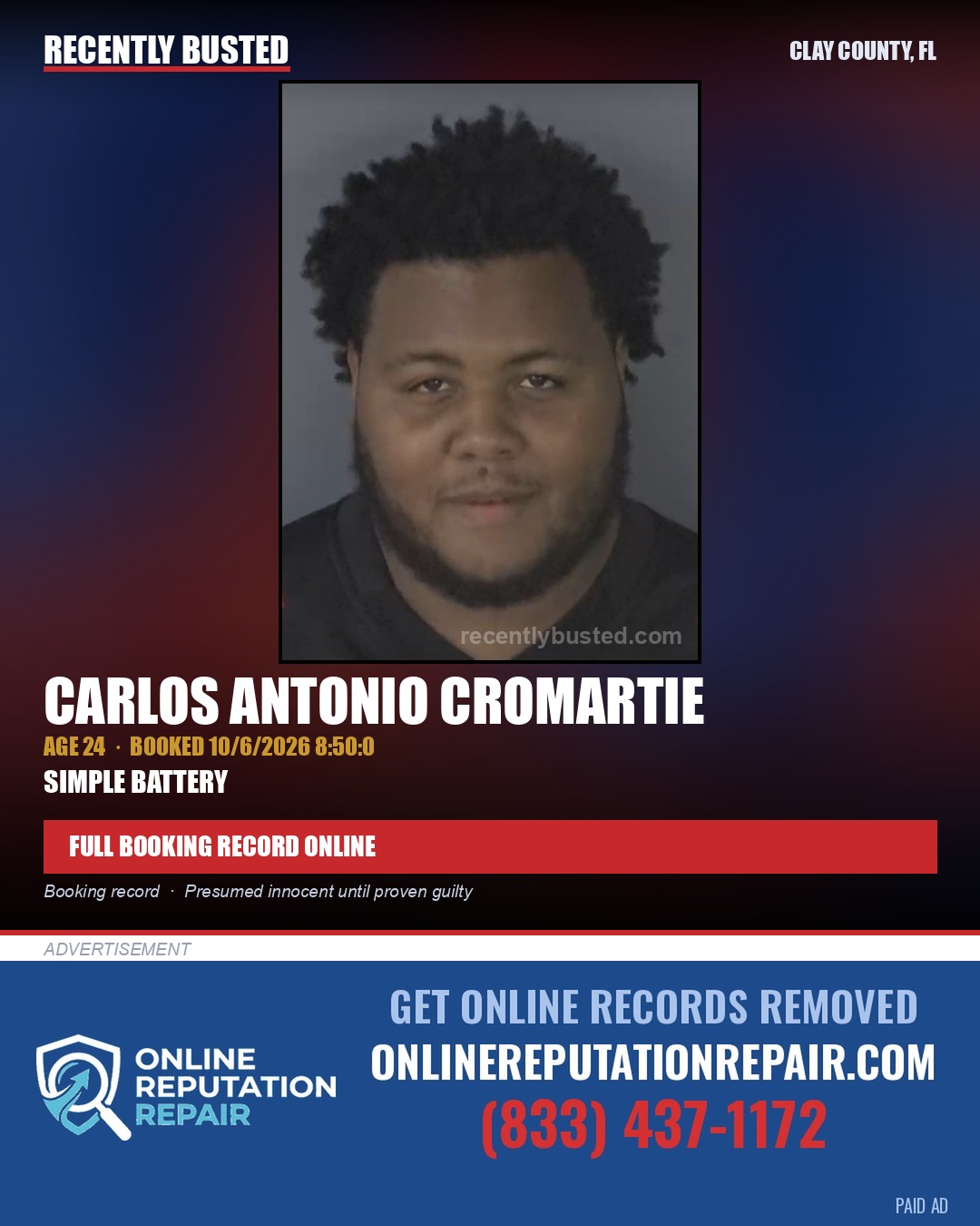 CARLOS ANTONIO CROMARTIE — arrest record card, Clay County, Florida