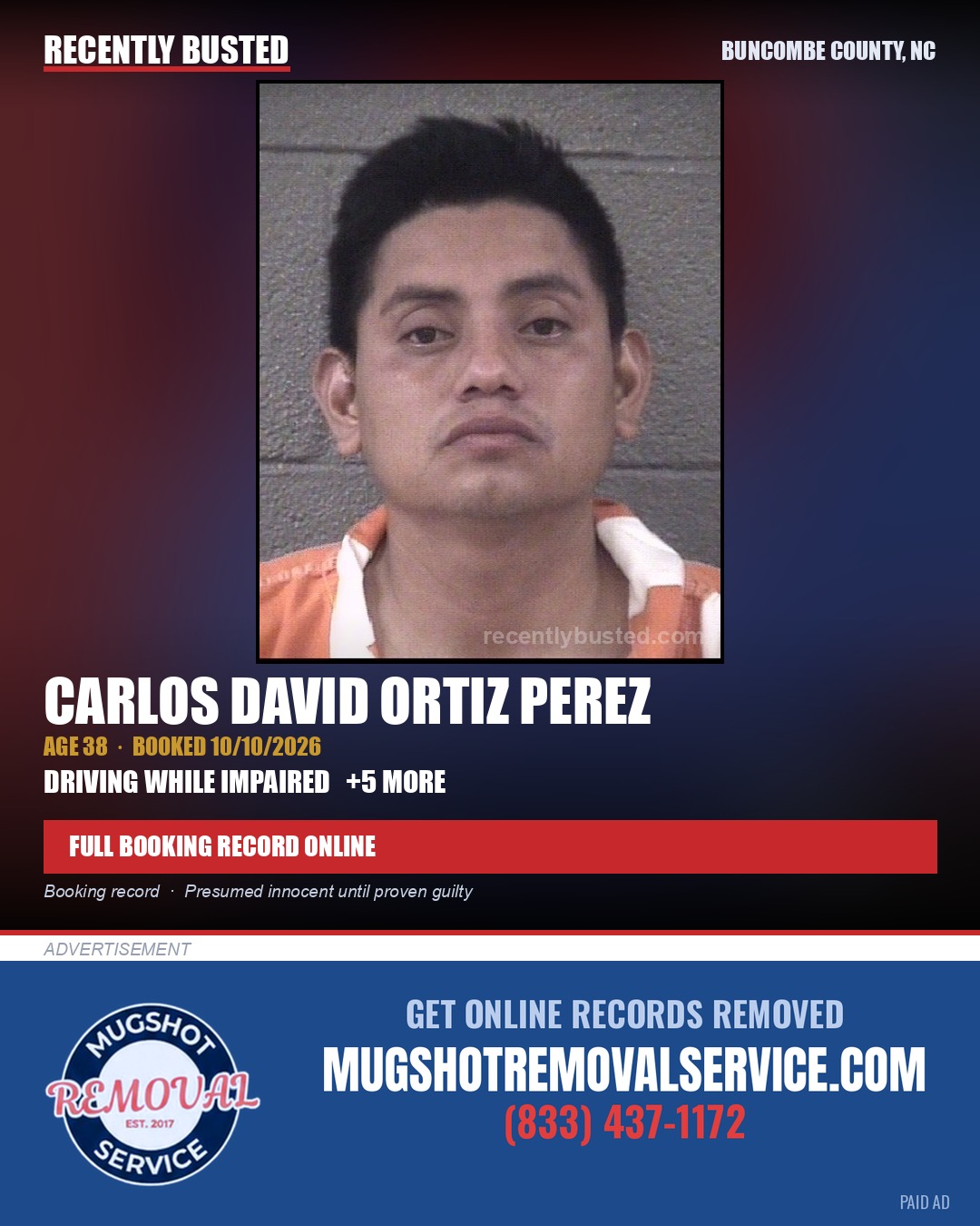 CARLOS DAVID ORTIZ PEREZ — arrest record card, Buncombe County, North Carolina