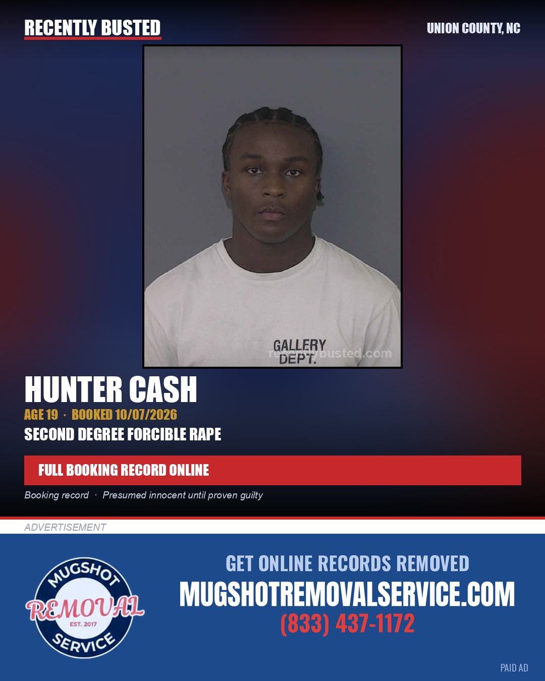 CASH, HUNTER — arrest record card, Union County, North Carolina