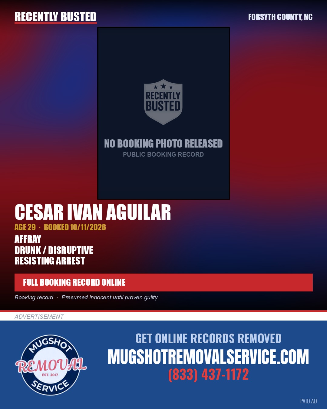 CESAR IVAN AGUILAR — arrest record card, Forsyth County, North Carolina