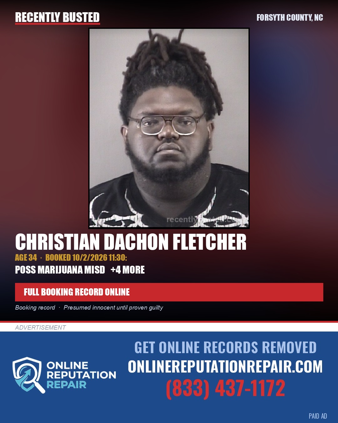 CHRISTIAN DACHON FLETCHER — arrest record card, Forsyth County, North Carolina