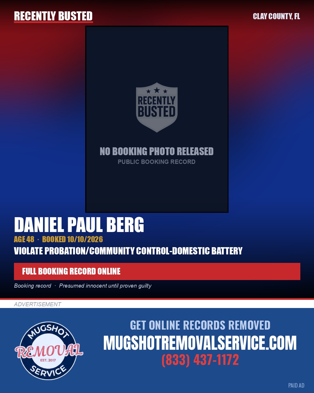 DANIEL PAUL BERG — arrest record card, Clay County, Florida