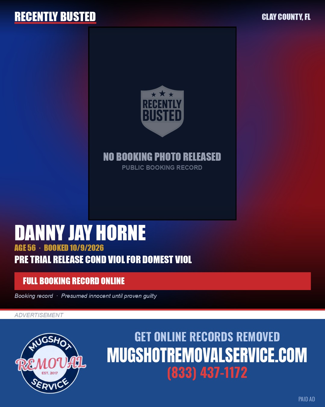 DANNY JAY HORNE — arrest record card, Clay County, Florida