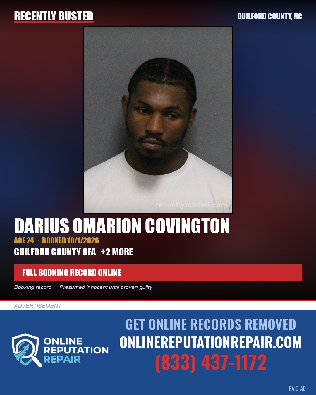 DARIUS OMARION COVINGTON — arrest record card, Guilford County, North Carolina