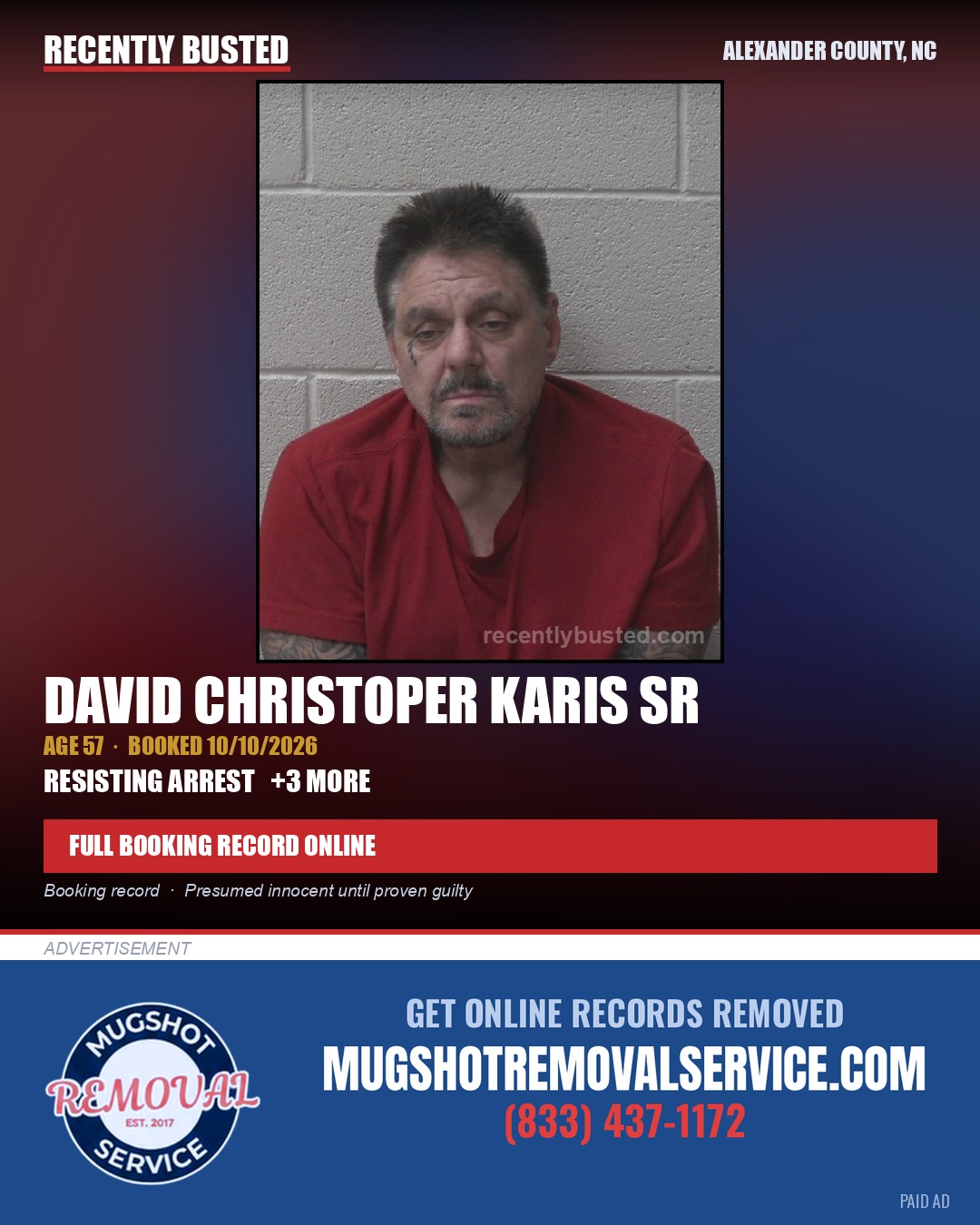 DAVID CHRISTOPER KARIS SR — arrest record card, Alexander County, North Carolina