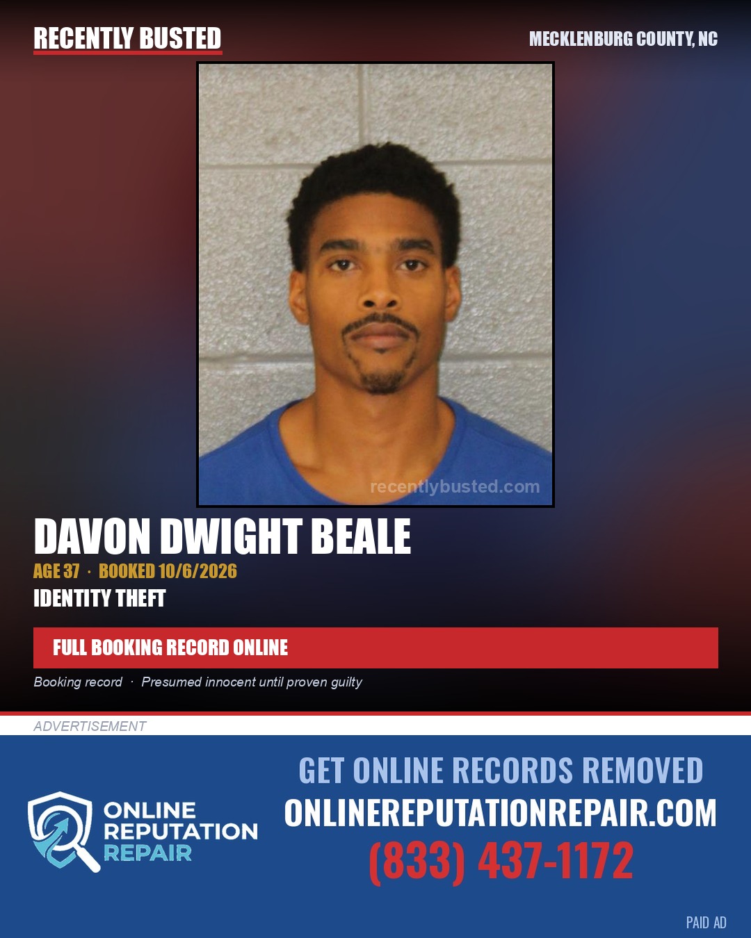 DAVON DWIGHT BEALE — arrest record card, Mecklenburg County, North Carolina