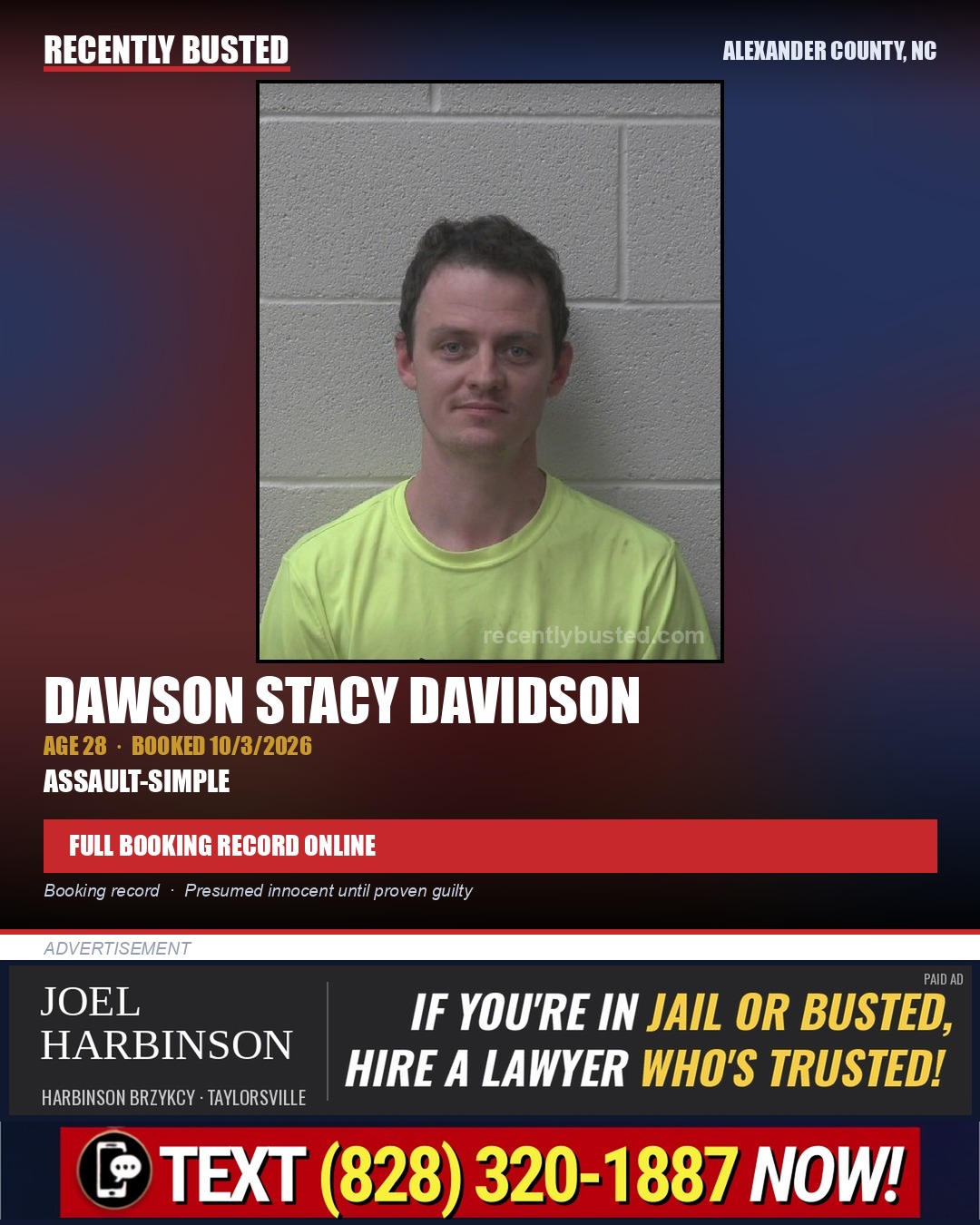 DAWSON STACY DAVIDSON — arrest record card, Alexander County, North Carolina