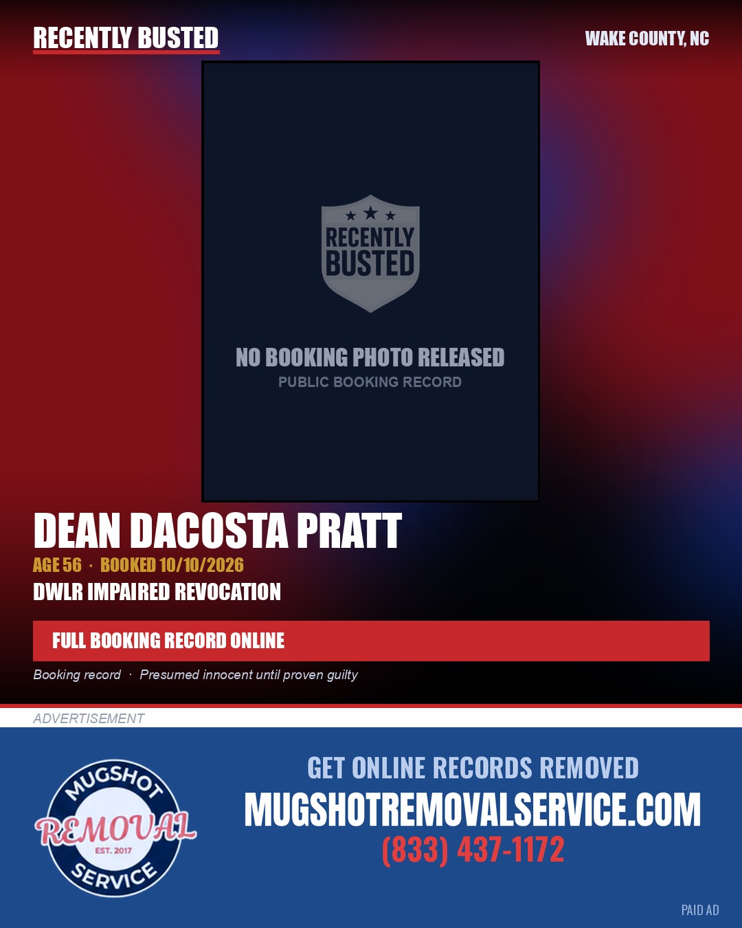 DEAN DACOSTA PRATT — arrest record card, Wake County, North Carolina