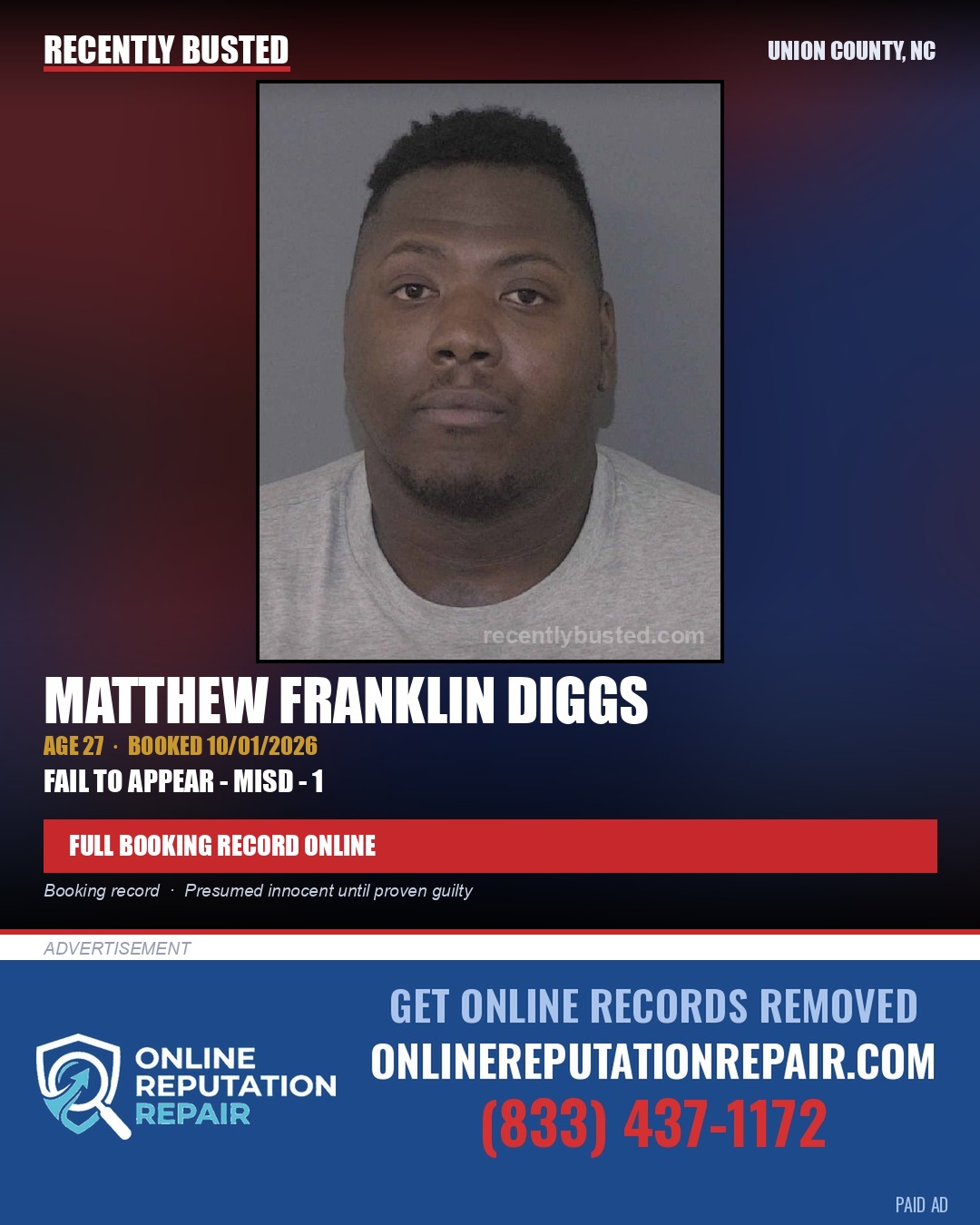 DIGGS, MATTHEW FRANKLIN — arrest record card, Union County, North Carolina