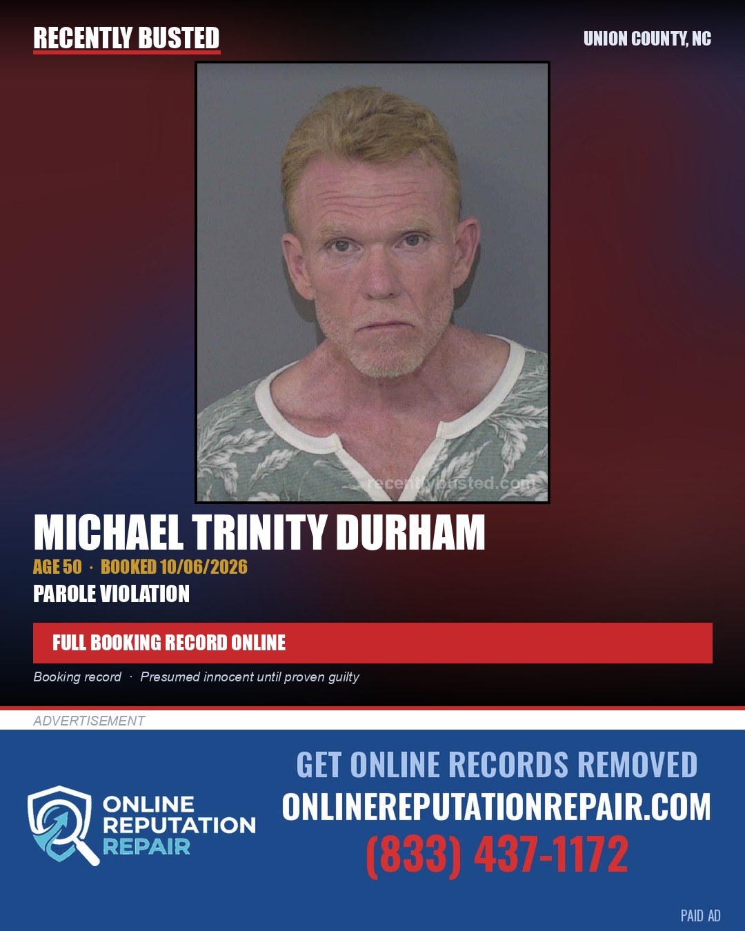 DURHAM, MICHAEL TRINITY — arrest record card, Union County, North Carolina