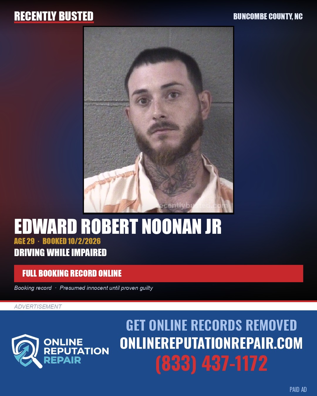 EDWARD ROBERT NOONAN JR — arrest record card, Buncombe County, North Carolina