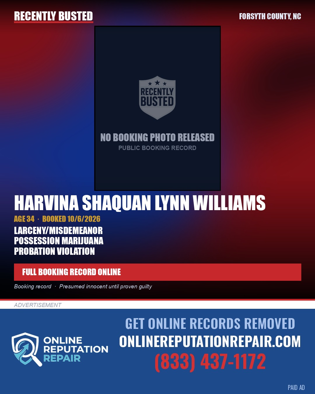 HARVINA SHAQUAN LYNN WILLIAMS — arrest record card, Forsyth County, North Carolina