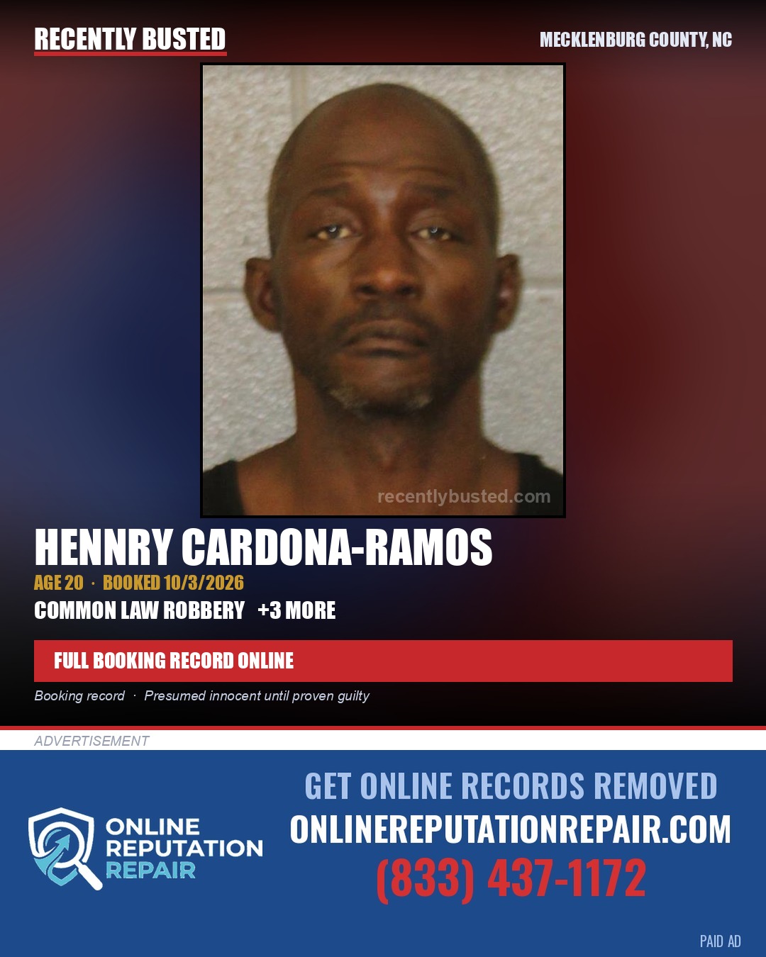 HENNRY CARDONA-RAMOS — arrest record card, Mecklenburg County, North Carolina