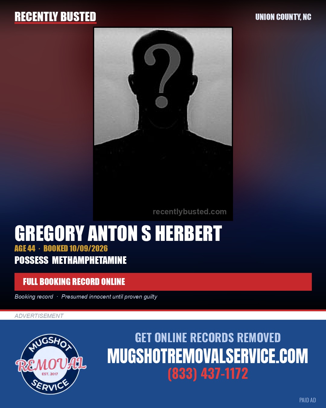 HERBERT, GREGORY ANTON S — arrest record card, Union County, North Carolina