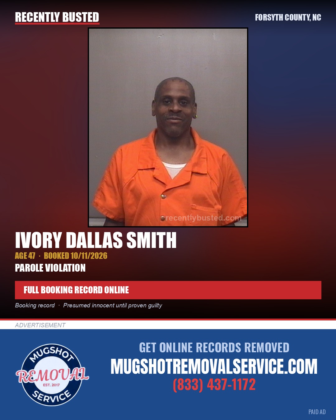 IVORY DALLAS SMITH — arrest record card, Forsyth County, North Carolina