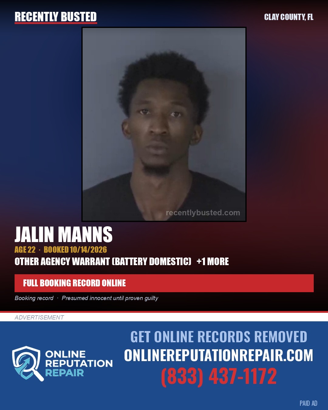 JALIN MANNS — arrest record card, Clay County, Florida