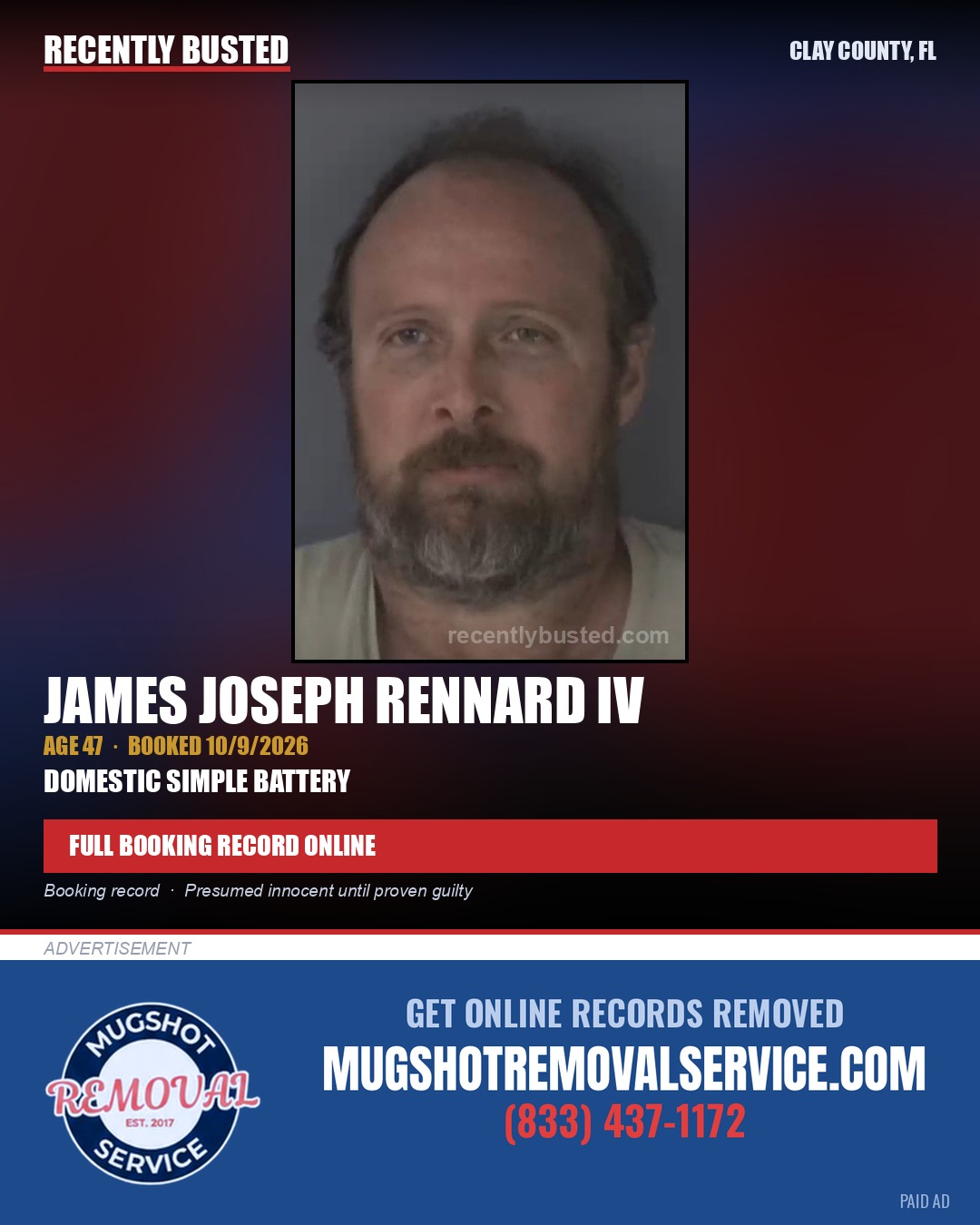 JAMES JOSEPH RENNARD IV — arrest record card, Clay County, Florida