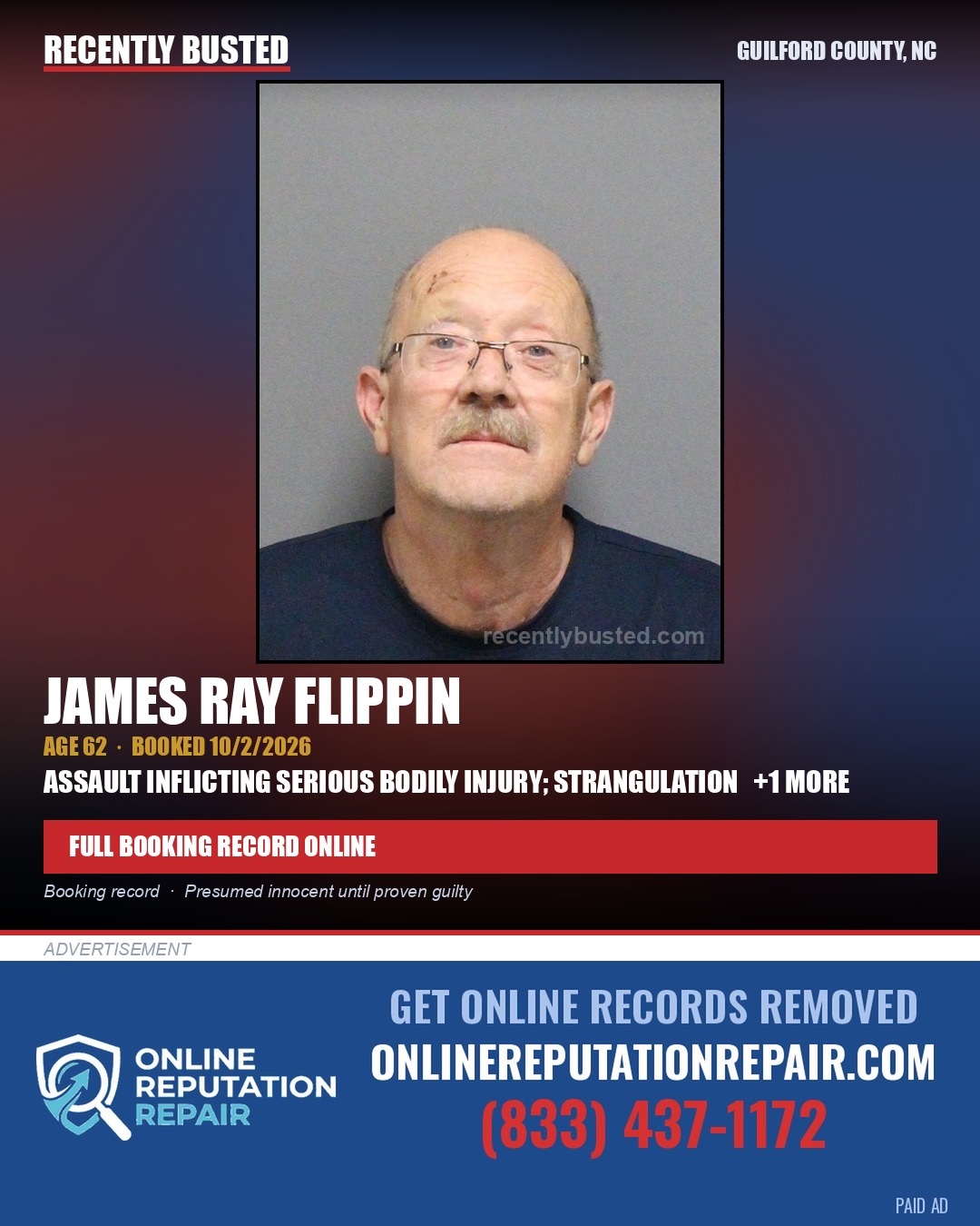JAMES RAY FLIPPIN — arrest record card, Guilford County, North Carolina