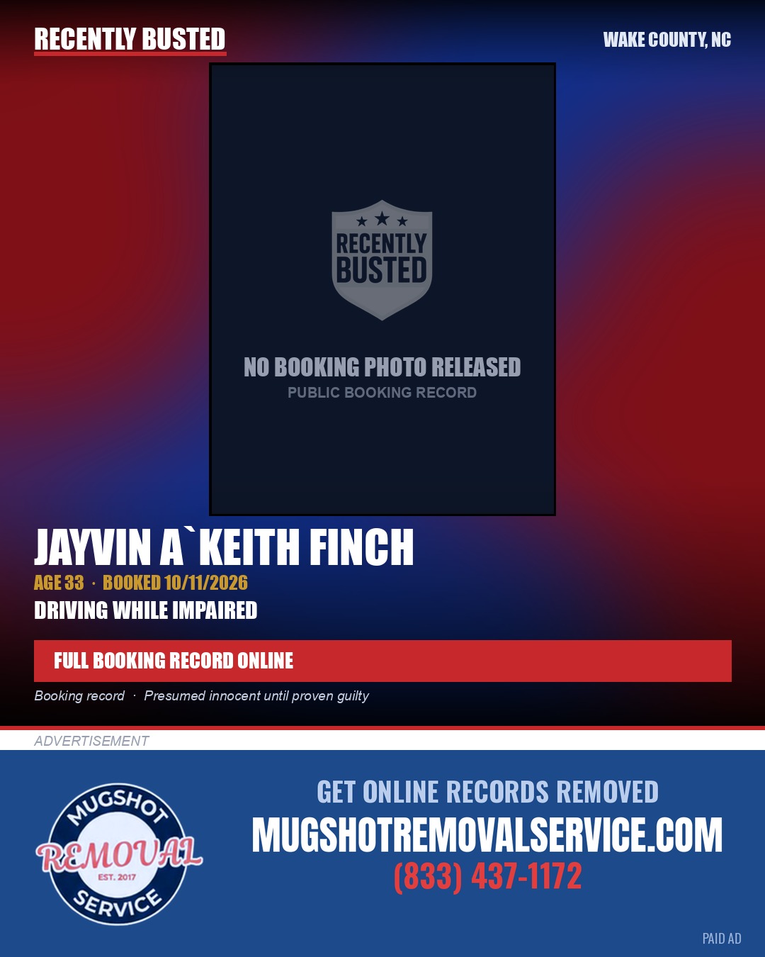 JAYVIN A`KEITH FINCH — arrest record card, Wake County, North Carolina