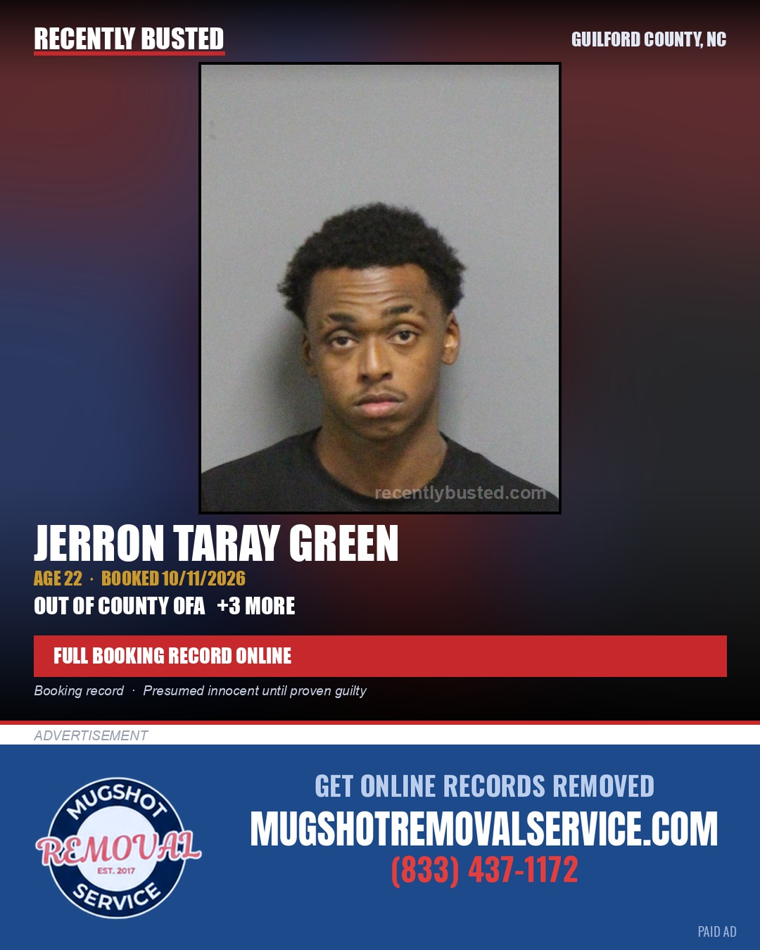 JERRON TARAY GREEN — arrest record card, Guilford County, North Carolina