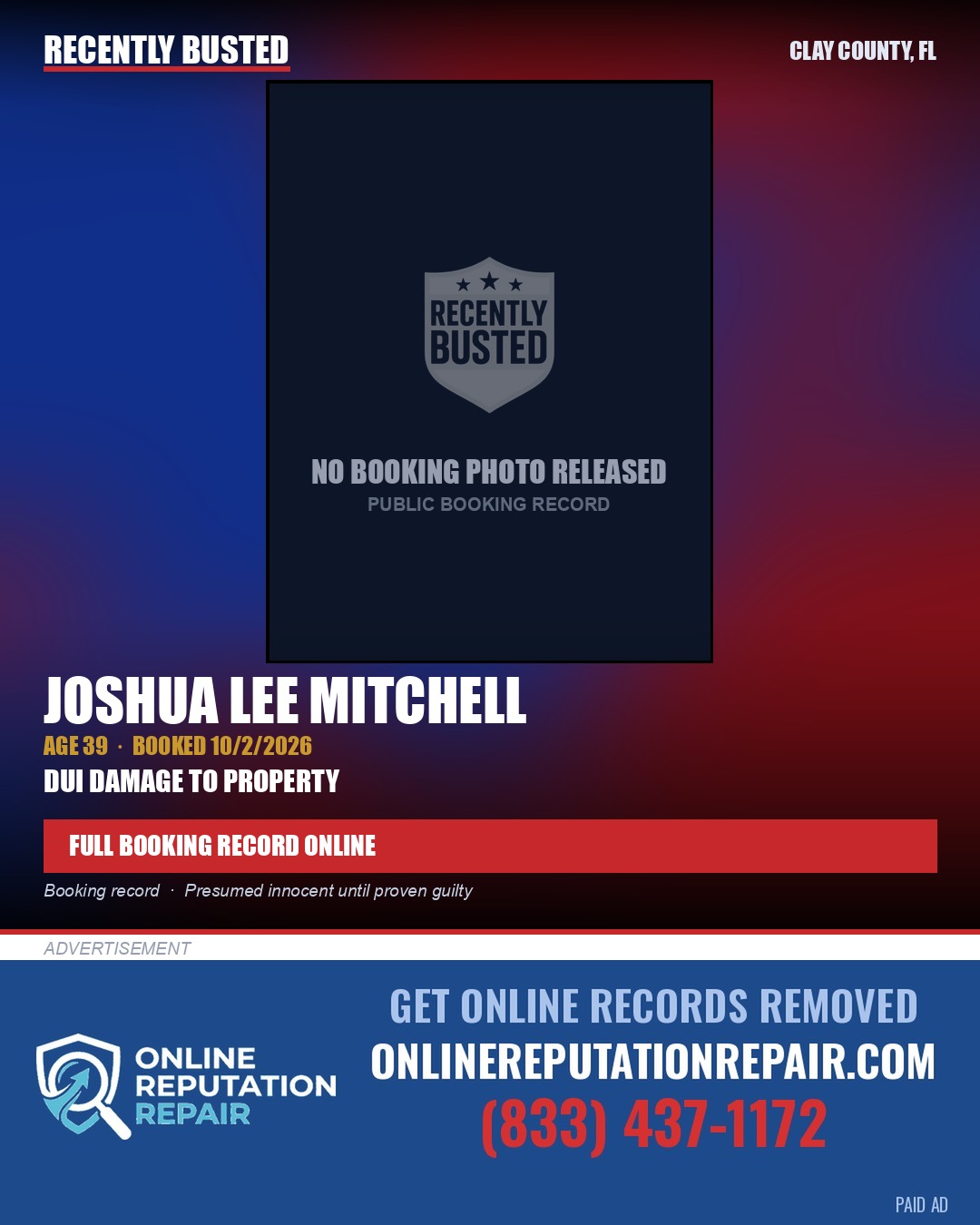 JOSHUA LEE MITCHELL — arrest record card, Clay County, Florida