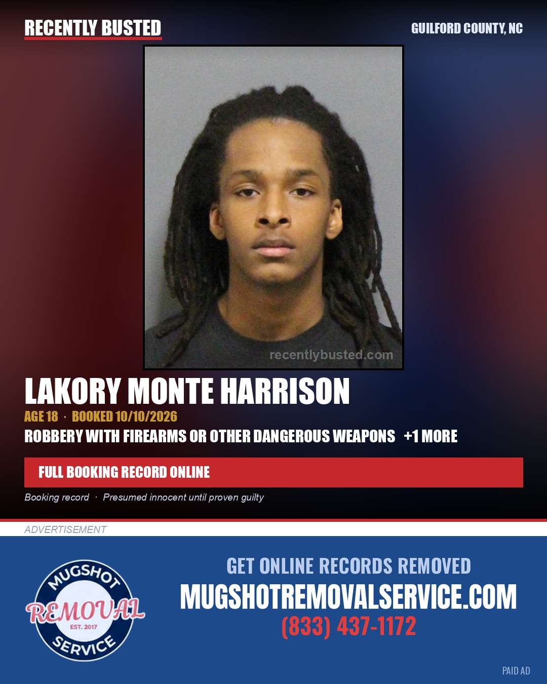 LAKORY MONTE HARRISON — arrest record card, Guilford County, North Carolina