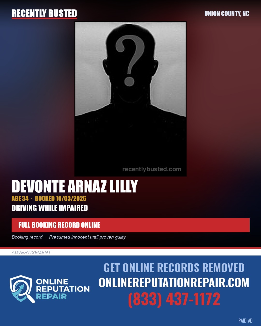 LILLY, DEVONTE ARNAZ — arrest record card, Union County, North Carolina