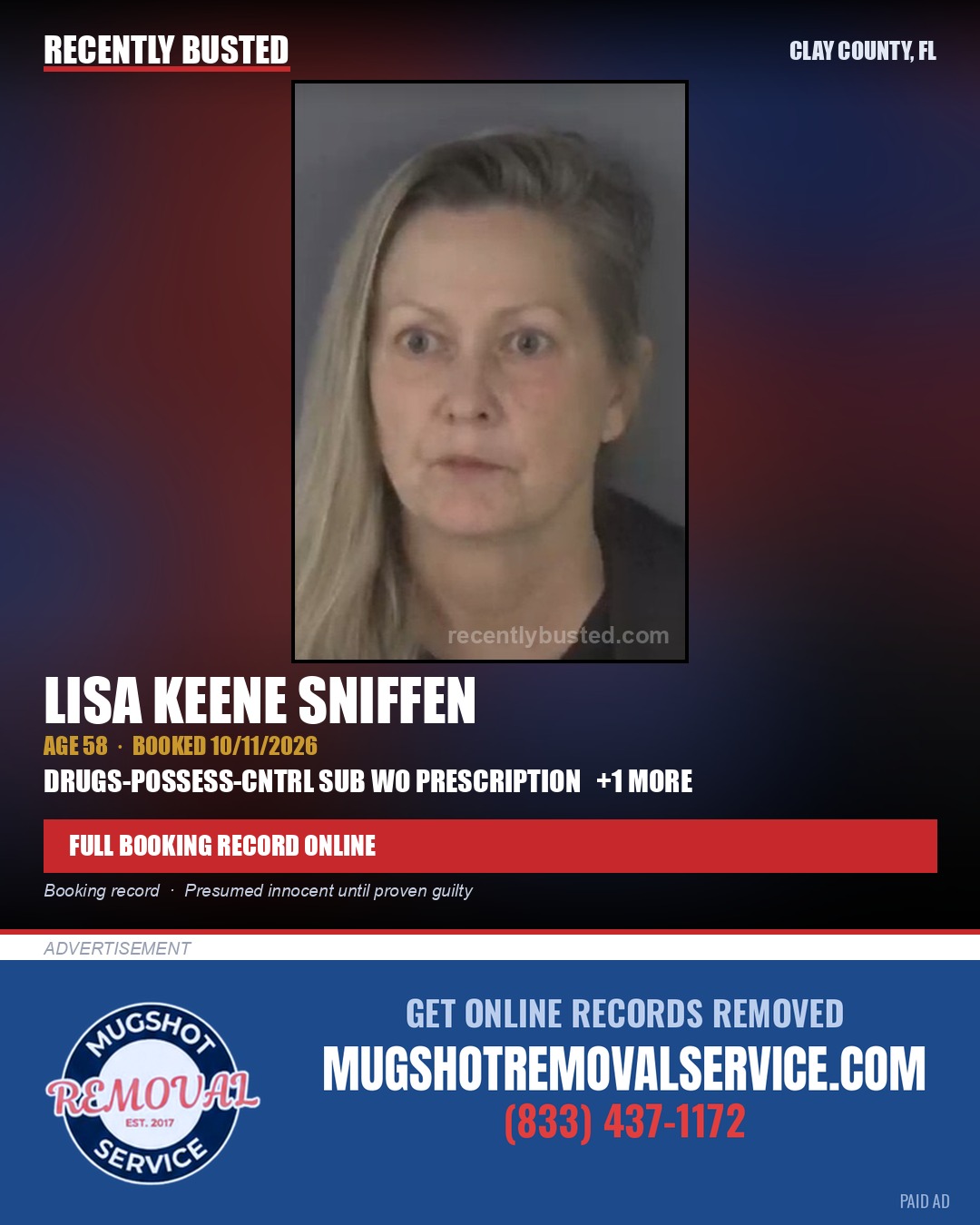 LISA KEENE SNIFFEN — arrest record card, Clay County, Florida
