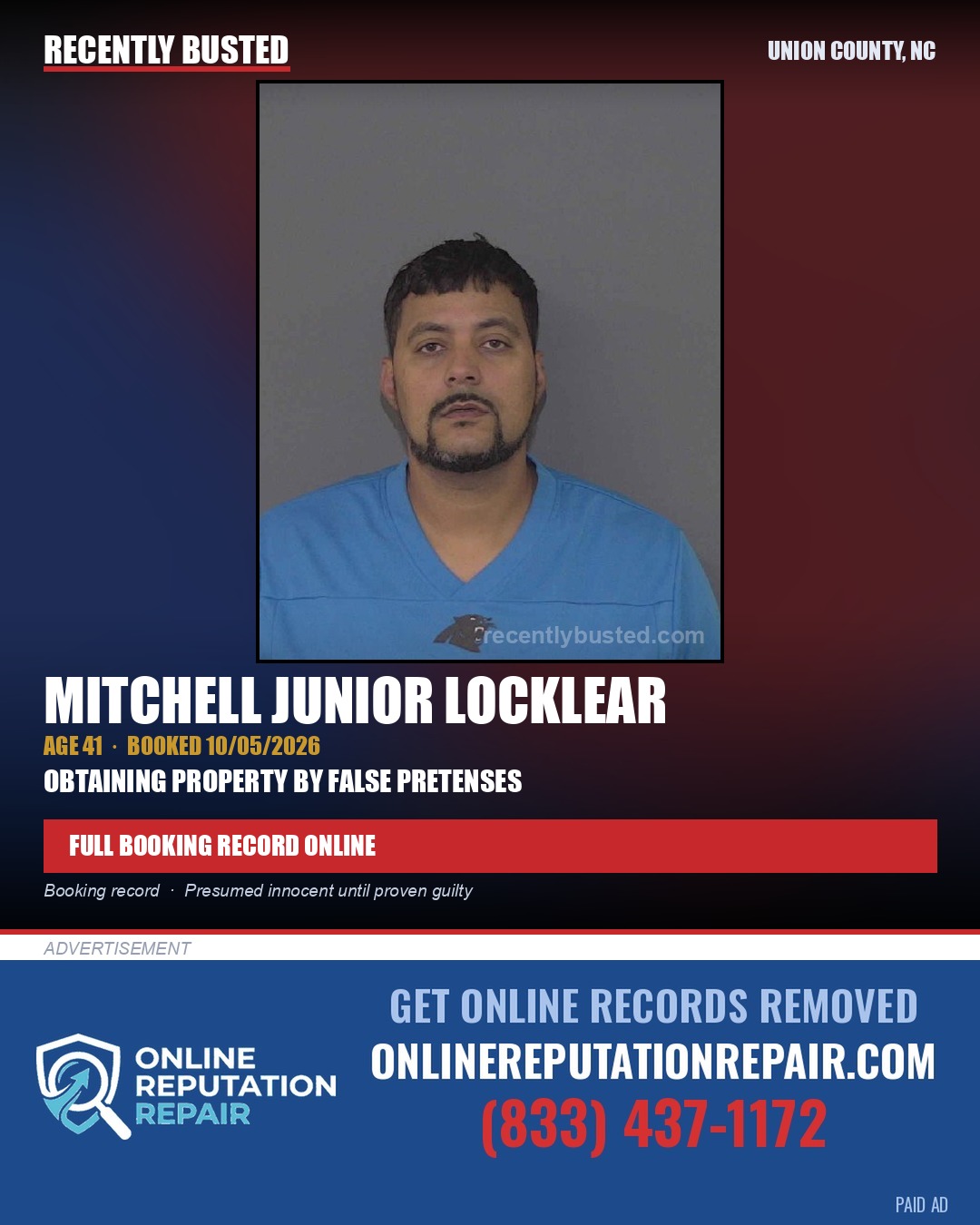 LOCKLEAR, MITCHELL JUNIOR — arrest record card, Union County, North Carolina