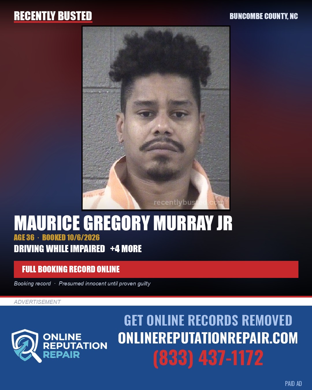 MAURICE GREGORY MURRAY JR — arrest record card, Buncombe County, North Carolina
