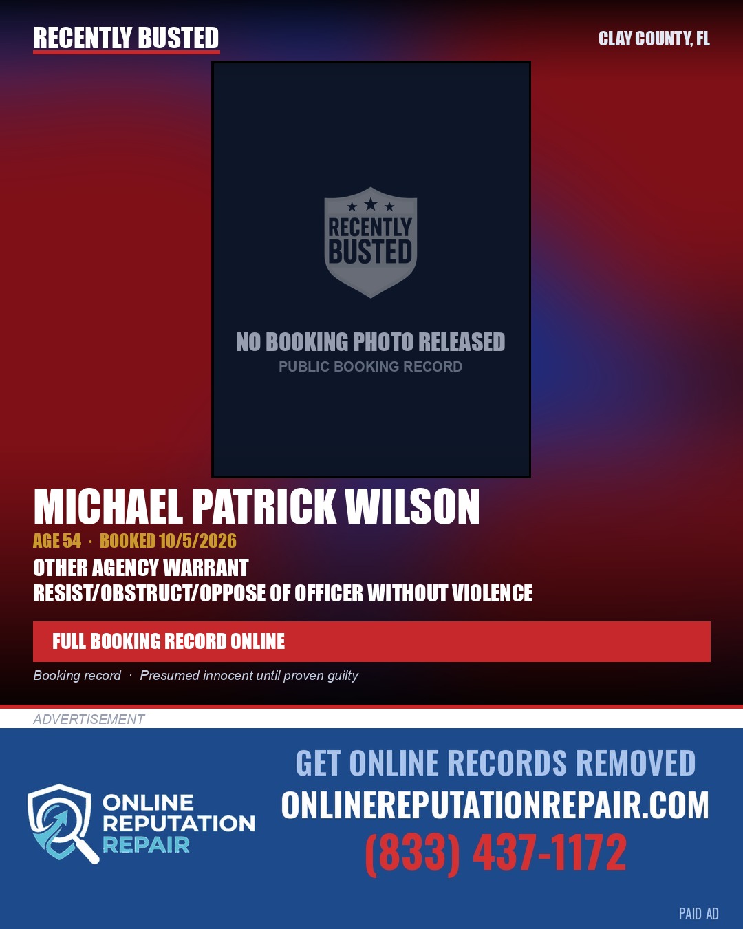 MICHAEL PATRICK WILSON — arrest record card, Clay County, Florida