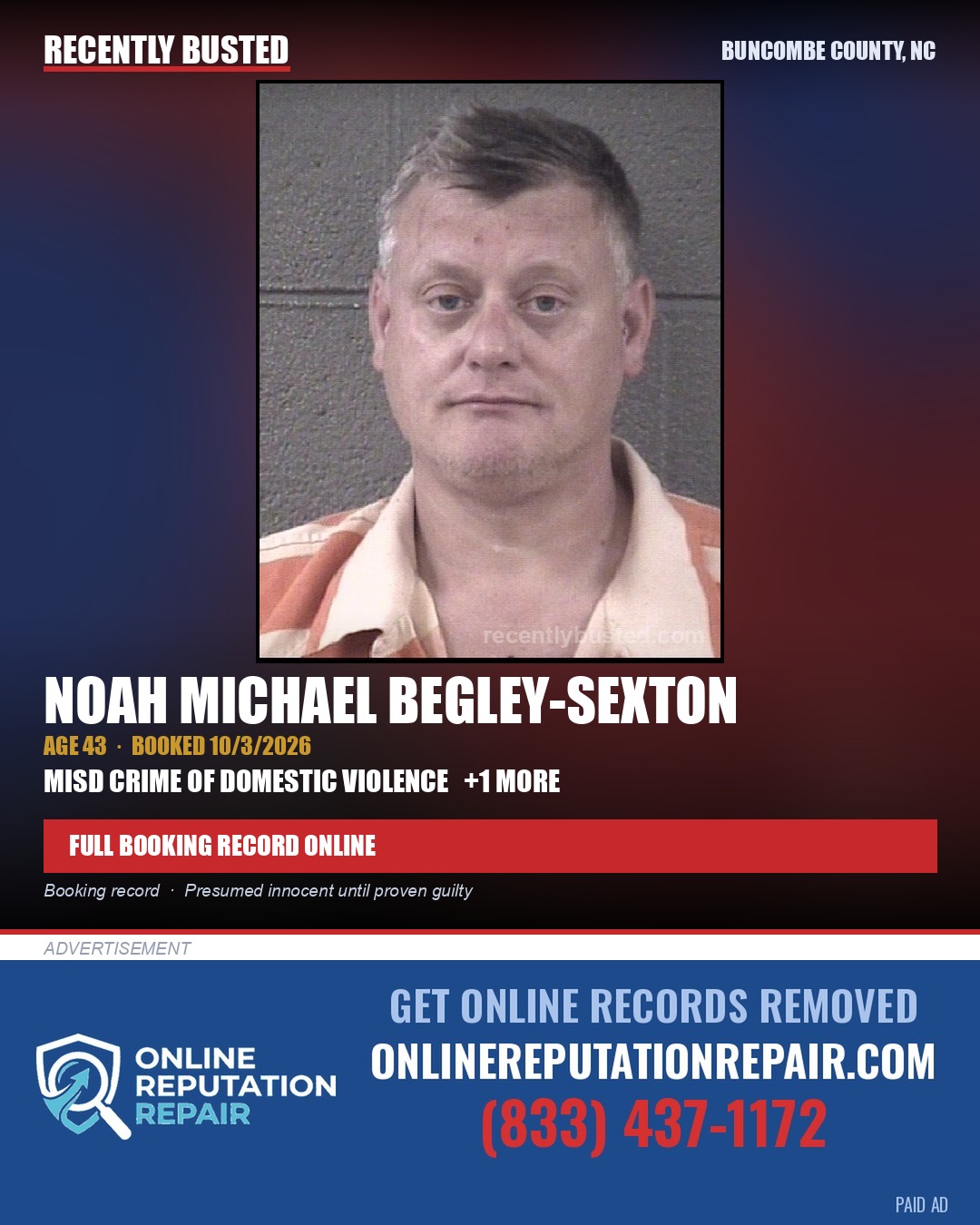 NOAH MICHAEL BEGLEY-SEXTON — arrest record card, Buncombe County, North Carolina
