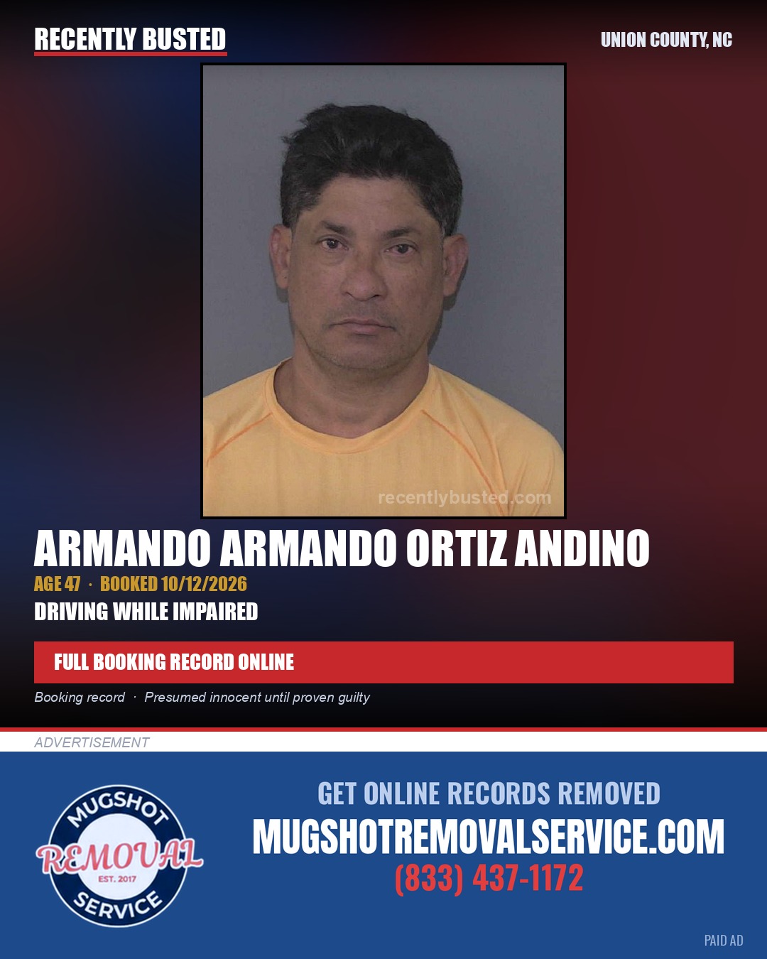 ORTIZ ANDINO, ARMANDO ARMANDO — arrest record card, Union County, North Carolina