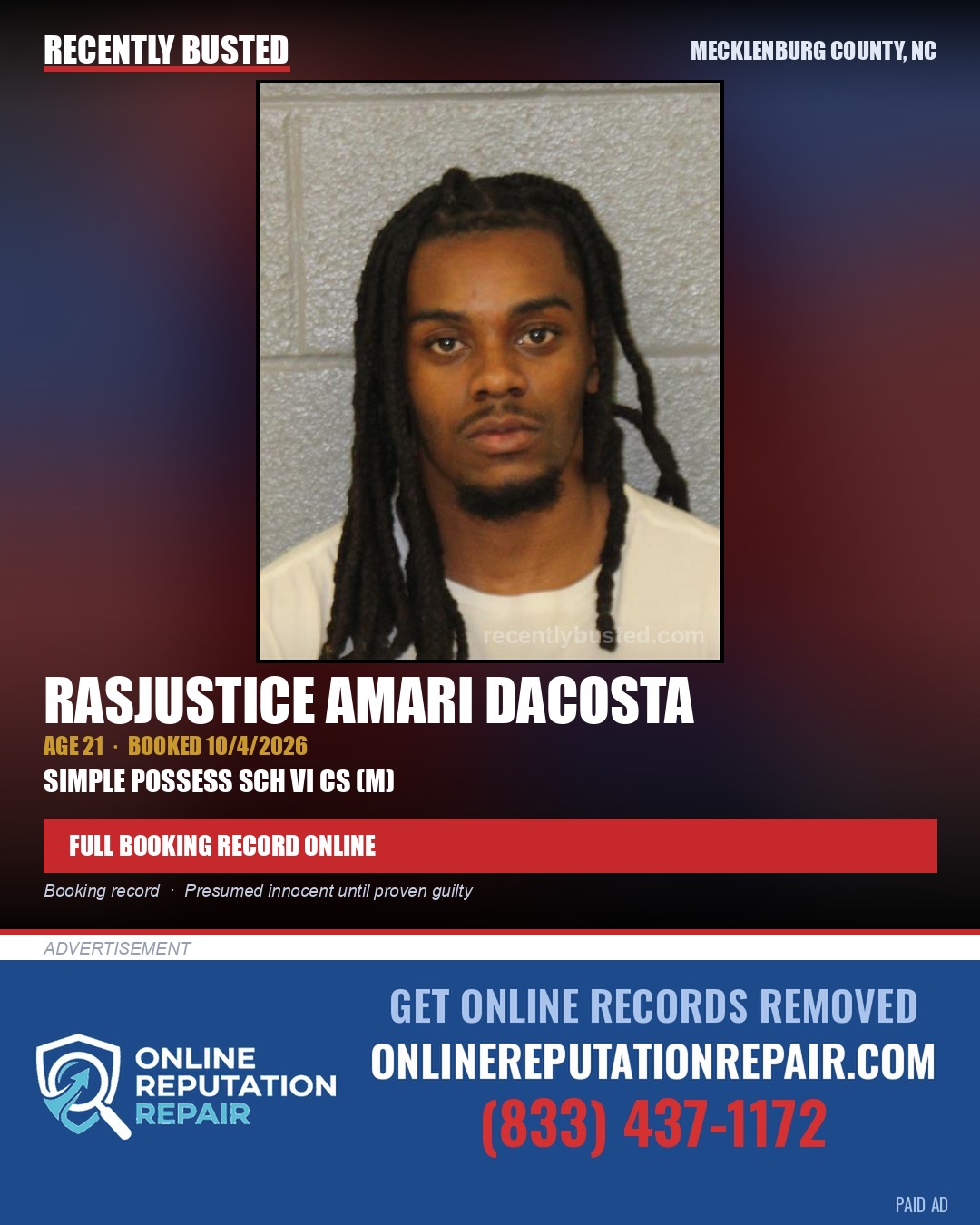 RASJUSTICE AMARI DACOSTA — arrest record card, Mecklenburg County, North Carolina