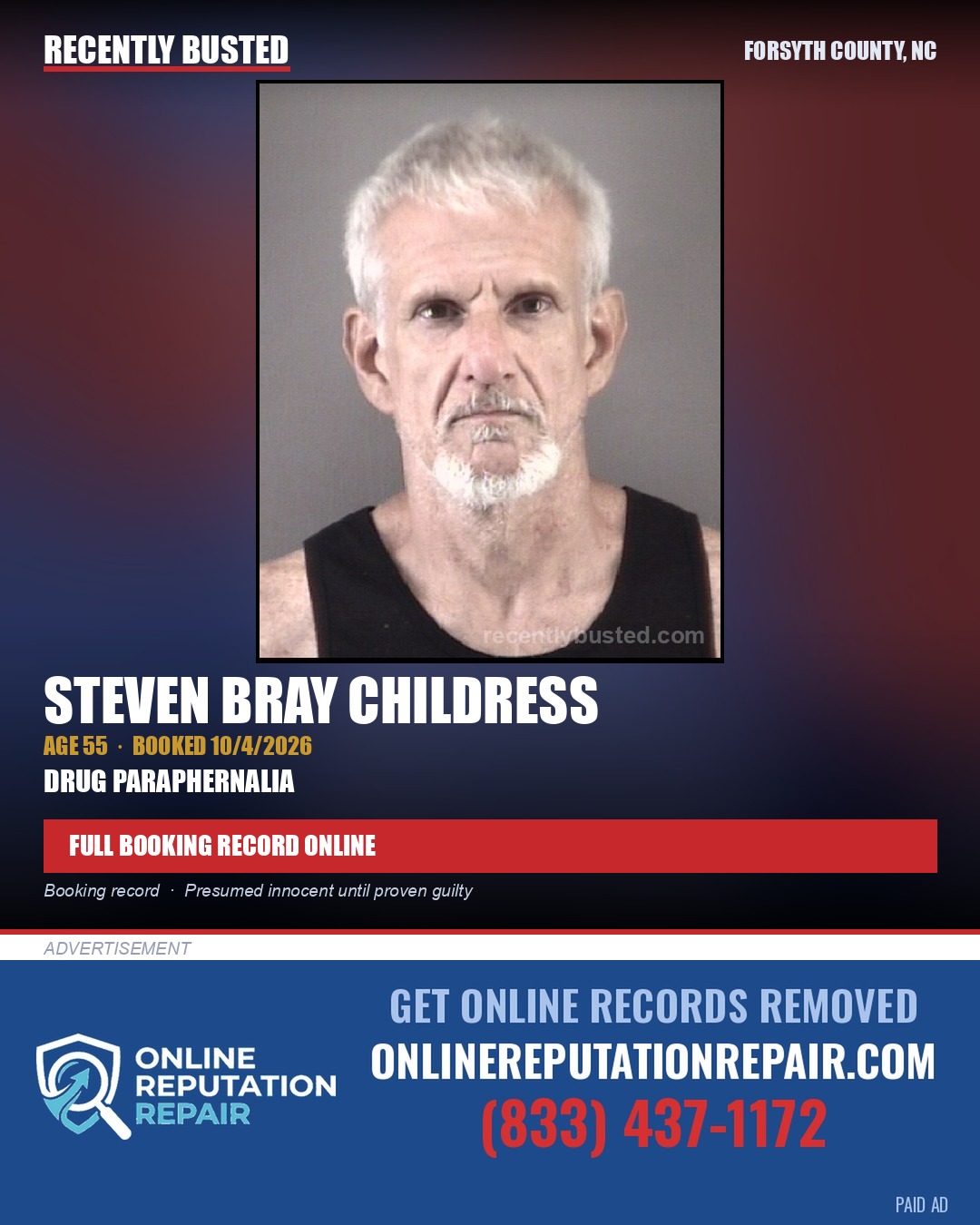 STEVEN BRAY CHILDRESS — arrest record card, Forsyth County, North Carolina