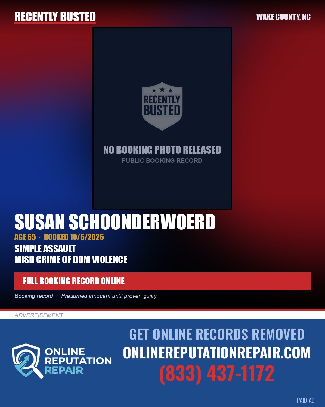 SUSAN SCHOONDERWOERD — arrest record card, Wake County, North Carolina